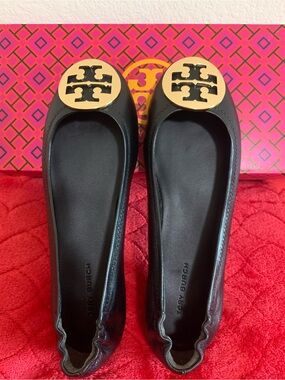 Tory Burch Black Leather Ballet Flats with Gold Logo Medallions